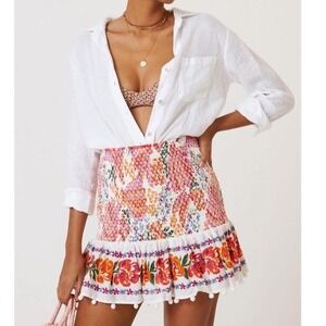 Farm Rio 100% Cotton smocked Mini Skirt Floral Embroidered Pom Pom boho Tropical